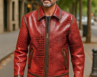 Rode rundleren herenjas met alligator-reliëf - slim fit handgemaakt, gepersonaliseerd cadeau voor hem.
