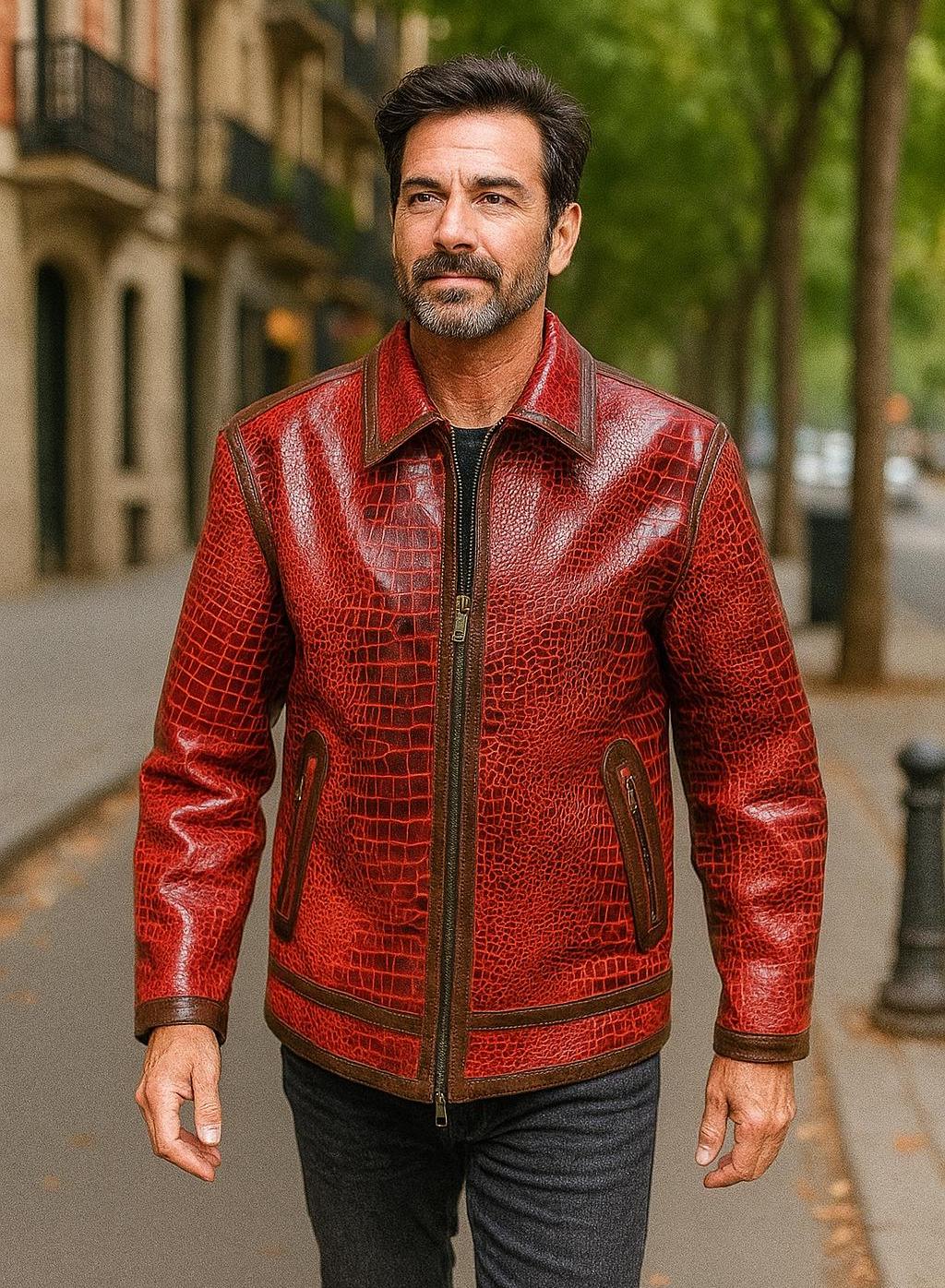 thumbnail image 2 of Men’s Asymmetric Zipper Maroon Faux Leather Jacket 2 of 10
