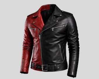 Red & Black Leather Biker Jacket | Slim Fit Motorcycle Coat
