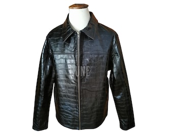 Men’s Black Crocodile Embossed Leather Biker Jacket, Gift for Him.