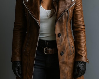 Abrigo vintage de cuero marrón envejecido para mujer / Chaqueta de piel de cordero auténtica hecha a mano con cuello de borrego / Gabardina de invierno / Regalo para ella.