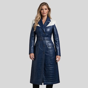 Rindsleder Blau Krokodil Prägeleder Trenchcoat für Damen | Luxus Lange Lederjacke mit Gürtel | Handgefertigte Designer Oberbekleidung