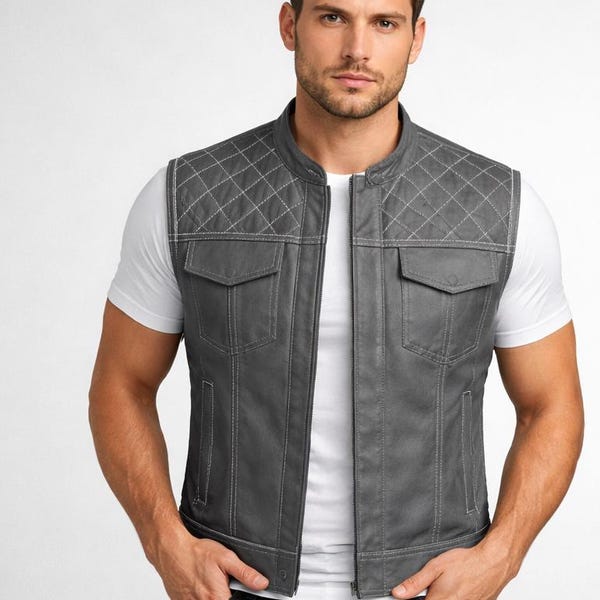 Men's Grey Matte Leather Biker Vest – Club Style Racer Waistcoat Jacket