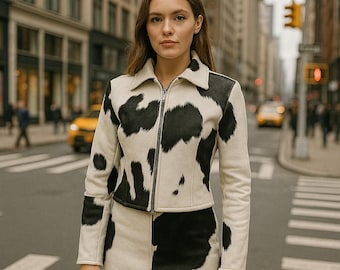 Handgemaakte rundleren jas-rokset: cropped outfit voor dames