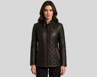 Women’s Slim Fit Black Quilted Leather Jacket | Handmade Real Sheepskin Moto Coat | Quilted Biker Blazer | Gift for Her