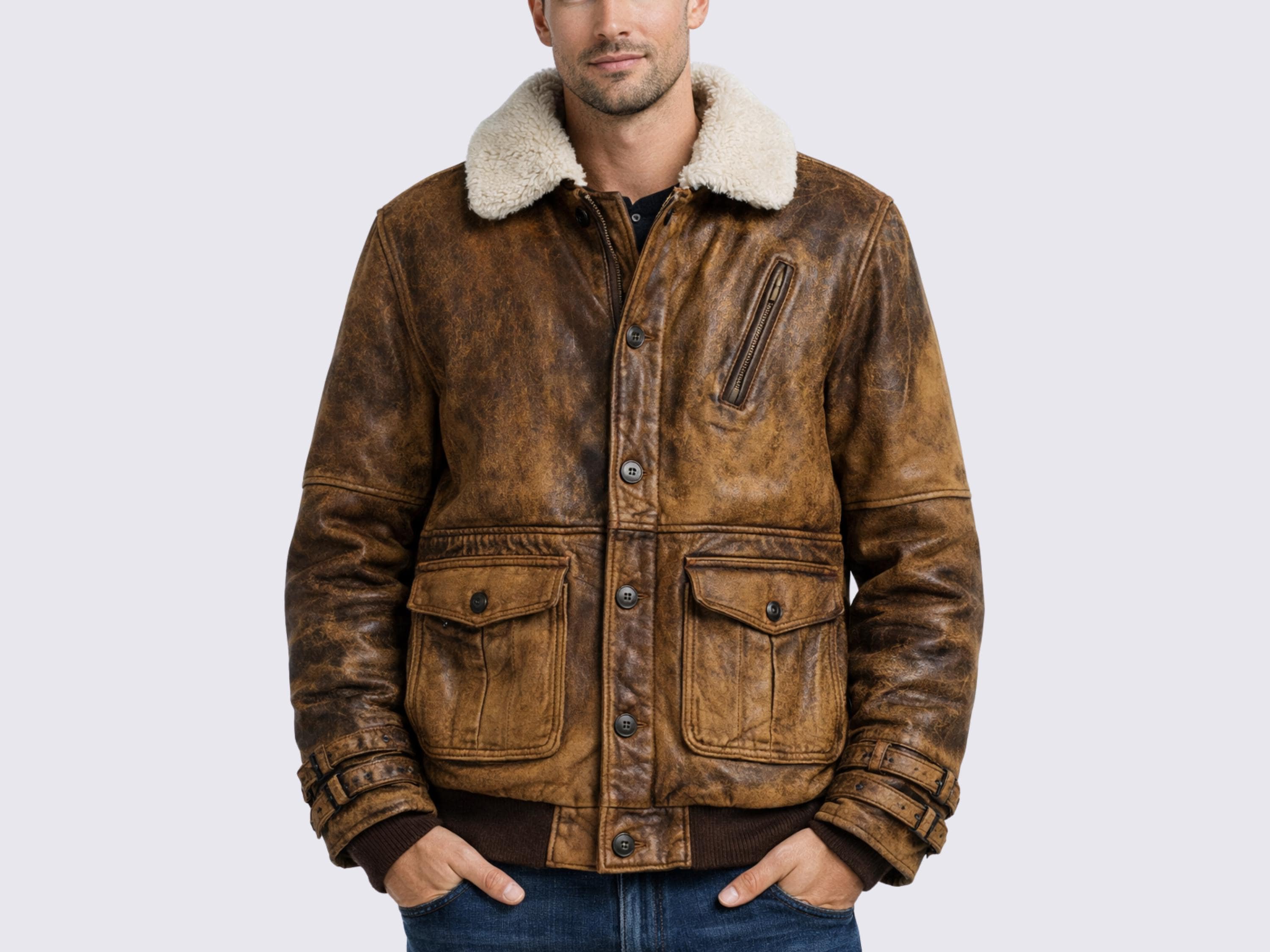 Distressed Brown Leather A2 Bomber Jacket, Air Force Aviator Style