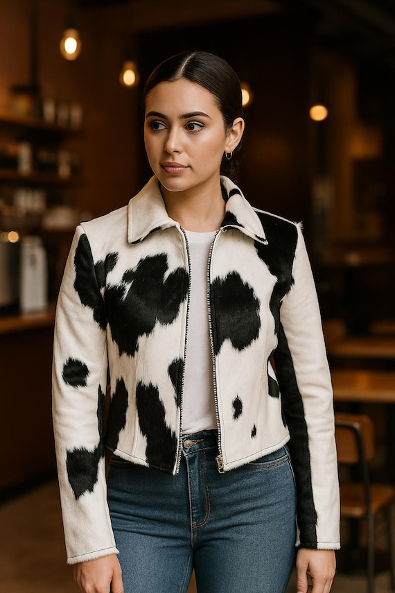 Real Cowhide Leather Jacket, Black and White Cow Print, Women's