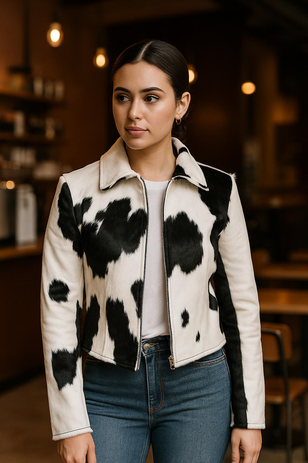 Real Leather Black and White Cow Print Leather Jacket, Cowhide Fur