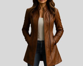 Women’s Brown Vintage Distressed Leather Long Coat | Handmade Genuine Real Leather Winter Jacket | Trench Style Outerwear | Gift for Her.
