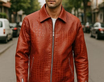 Chaqueta de motorista de cuero burdeos con relieve de cocodrilo, hecha a mano.