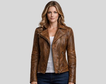 Handgefertigte Distressed Bikerjacke aus braunem Leder | Damen Slim Fit Rider Mantel
