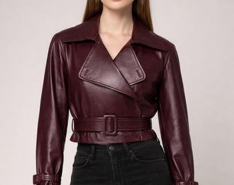 Women’s Cropped Lambskin Leather Jacket | Burgundy Belted Moto Coat | Short Trench Style Streetwear Jacket | personalized gift
