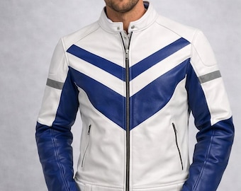 Men’s White & Blue Genuine Leather Biker Jacket – Handmade Vintage Motorcycle Moto Coat Steampunk Style Outerwear Gift for Him