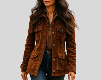 Kaffebrun damjacka i äkta getmocka | Handgjord vintage utility-kappa med fyra framfickor | Boho ytterkläder i militärstil