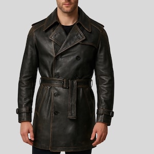 Gabardina de cuero auténtico negro para hombre / Abrigo cruzado / Blazer de cuero hecho a mano con cinturón / Regalo personalizado para él.