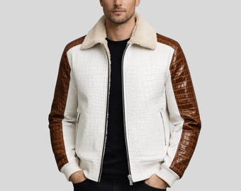 Men’s Crocodile Embossed Leather Jacket | Handmade Shearling Lined Bomber Coat | Warm Winter Alligator Printed Leather Blazer.