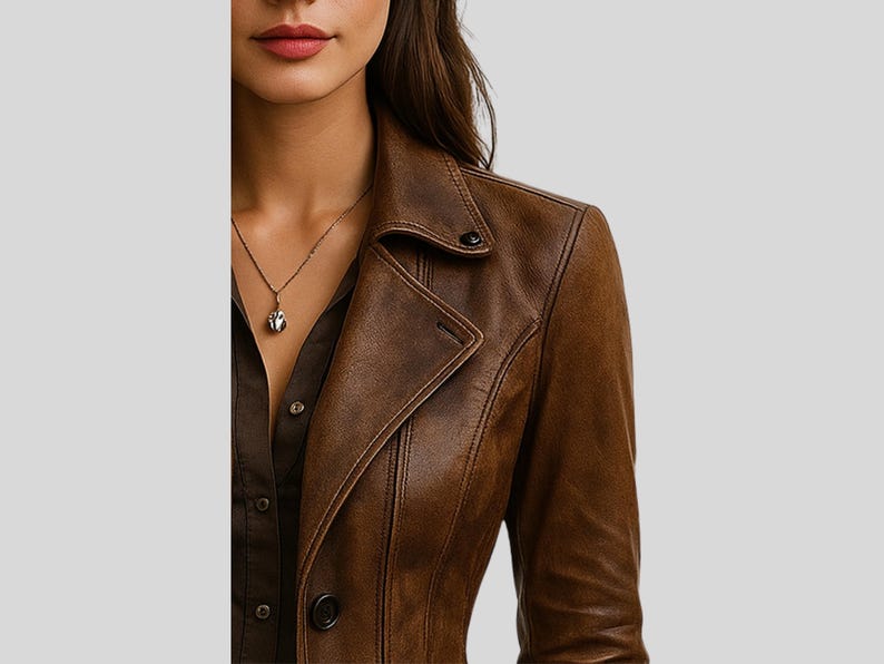 May include: A brown leather jacket with a notched collar and button closure. The jacket has a tailored fit and visible stitching details. A gold necklace with a pendant is visible. The jacket is a classic outerwear piece.