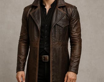 Men’s Long Brown Leather Trench Coat | Handmade Steampunk Duster Jacket | Vintage Gothic Sheepskin Overcoat | Winter Coat, Gift for him