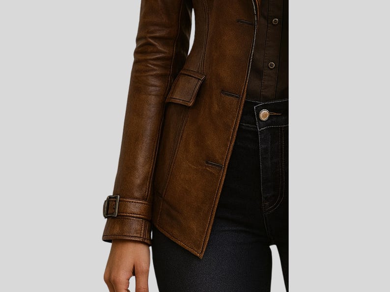 May include: A brown leather jacket with a classic design. The jacket features a notched collar, a button closure, and a small pocket on the chest. The sleeves have a buckle detail at the cuffs. The jacket is paired with dark denim jeans.