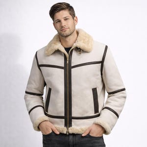 Męska biała kurtka z prawdziwej skóry owczej B3 | Płaszcz lotniczy z podszewką z futra | Zimowa kurtka typu bomberka | Prezent dla niego.