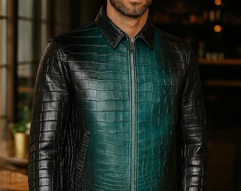 Handmade Crocodile Embossed Green Leather Biker Jacket - Retro Zip-Up, Real Leather Coat for Men, Gift for Him.