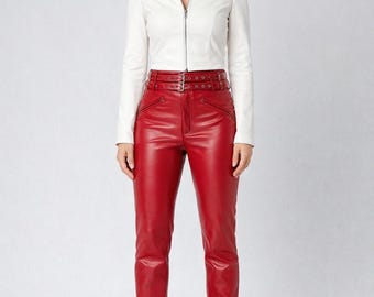 Women’s Red sheepskin Leather Pants | Handmade Slim-Fit Vintage Trousers | Real Leather Straight-Leg Pants | Gift for Her