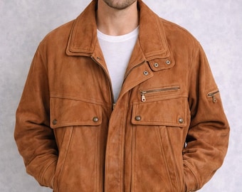 Vintage 90s Italian Suede Bomber Jacket: Men's XL Brown Leather