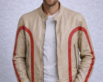 Men’s Vintage Red and White Sheep Genuine Leather Biker Jacket – Handmade Retro Slim Fit Motorcycle Racer Coat Gift for Him