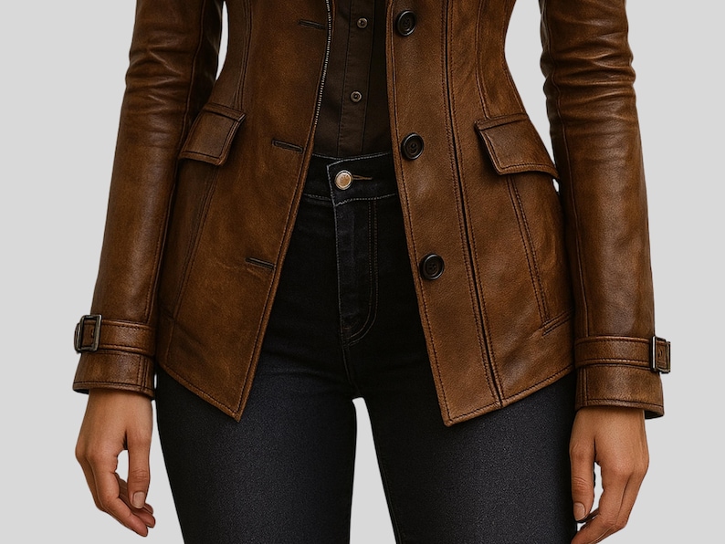 May include: A brown leather jacket with a tailored fit, featuring a button-down front, two front pockets, and adjustable cuffs. The jacket is worn with dark denim jeans, creating a classic and stylish look.