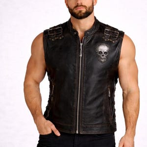 Herren Schwarz Leder Skull Biker Weste | Gothic Motorrad Weste Punk Rock Moto