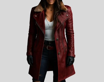 Women’s Burgundy Leather Fur Coat | Handmade Genuine Leather Long Trench Coat with Shearling Collar | Winter Vintage Jacket, Gift for Her.