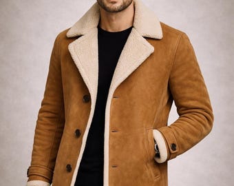 Men’s Tan Shearling cow suede skin Coat | Vintage Style Suede Jacket | Warm Winter Leather Coat for Men.