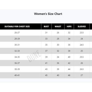 May include: A white Women's Size Chart with black text. The chart includes measurements for bust, waist, hips, sleeves, and shoulder, with sizes ranging from XXS to 3XL. The chart is designed to help customers find the right fit.