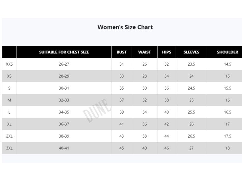 May include: A white Women's Size Chart with black text. The chart includes measurements for bust, waist, hips, sleeves, and shoulder, with sizes ranging from XXS to 3XL. The chart is designed to help customers find the right fit.