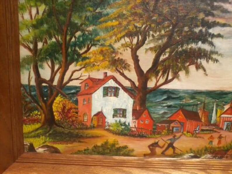 Vintage Folk Art Americana Framed OIL ON BOARD Landscape Etsy Sunset crewel embroidery kits crewelembroidery