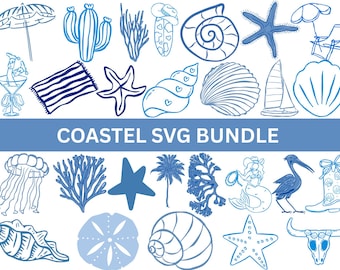 SVG de estilo costero caprichoso, elementos oceánicos de playa dibujados a mano, clipart de playa de verano retro, SVG náutico de verano, eps para proyectos de bricolaje de sublimación