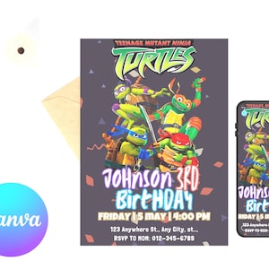 Invitation modifiable| Invitation d'anniversaire de tortues Ninja | Modèle de toile modifiable TMNT | Invitation de fête Teenage Mutant Ninja | Téléchargement instantané