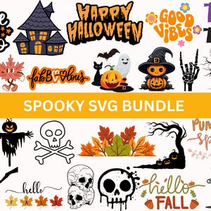 Op de afbeelding: Een verzameling Halloween-thema SVG-ontwerpen. Bevat zinnen als "Happy Halloween" en "Trick or Treat", samen met afbeeldingen van pompoenen, een spookhuis, een skelet en een heks. De woorden "Spooky SVG Bundle" zijn ook aanwezig.
