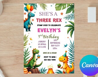 Dinosaurier-Geburtstagseinladungsvorlage: Rex Dino Party, bearbeitbares Canva (Digitaler Download, 5 x 7 Zoll