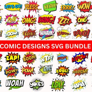 Comic Style Action Svg Bundle,Pop art text,Comic Cartoon Style,Comic Book clipart,Bundle of Comic Style Action Bubbles,Instant download,Png