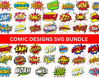 Comic Style Action Svg Bundle|Pop art text|Comic Cartoon Style|Comic Book clipart|Bundle of Comic Style Action Bubbles}Instant download}Png