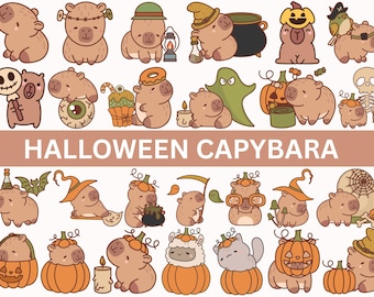 May include: A collection of cartoon capybaras in various Halloween costumes and settings. The image includes capybaras dressed as Frankenstein, witches, and ghosts, along with pumpkins, cauldrons, and other spooky elements. The text "HALLOWEEN CAPYBARA" is displayed.