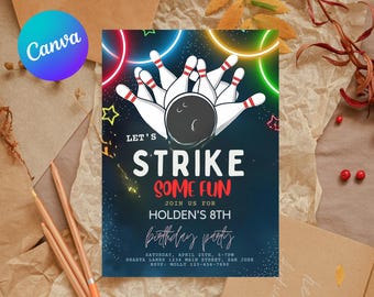 Bowling Party Invitation, Birthday Invitation, Girl Bowling Invite, Pins, Let's Strike Up Some Fun, Editable Evite Template, Editable Canva