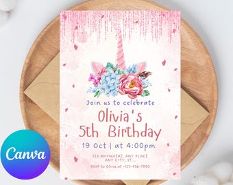 Plantilla de invitación de cumpleaños de unicornio, invitación de cumpleaños de niña arcoíris, poni mágico arcoíris, invitación de cumpleaños para preadolescentes editable