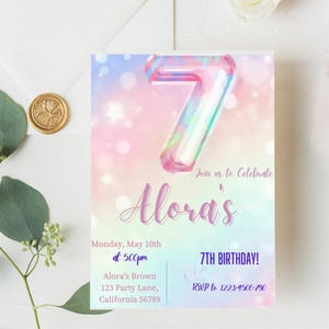 Bearbeitbar Mädchen zum 7. Geburtstag | Regenbogen 7. Geburtstag Party einladen | Sofortiger Download 7 Jahre alte Geburtstagseinladung Vorlage canva|