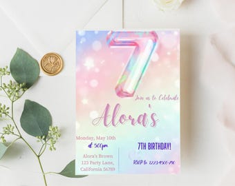 Editable 7th Birthday Invitation Girl | Rainbow 7th Birthday Party Invite | Instant Download 7 Year Old Birthday Invitation Template canva|
