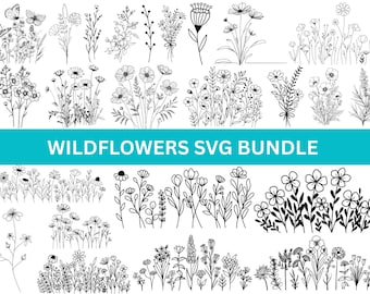 Bundle Svg fleurs sauvages, floral svg, bouquet de fleurs minimaliste, fleur de naissance svg, svg Nature, lot de svg loral, fleur croquis svg, téléchargement immédiat