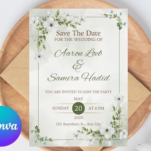 Modelo de convite de casamento de rosas | Convite de casamento dourado verde marfim para impressão | Editável Nós fazemos download do convite de casamento