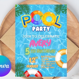 Bewerkbare uitnodiging voor zwembadfeest, Glow neon uitnodiging, tropische tie dye verjaardagsuitnodiging zwembad feest zwemfeestje instant download