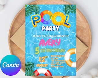Editable pool party invitation, Glow neon invite, Tropical tie dye birthday pool party invitation swimming party instant download
